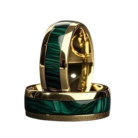 Tungsten Steel Men's Fashion Ring High Polished Green Marble & gold plated rims - Picture 1 of 2